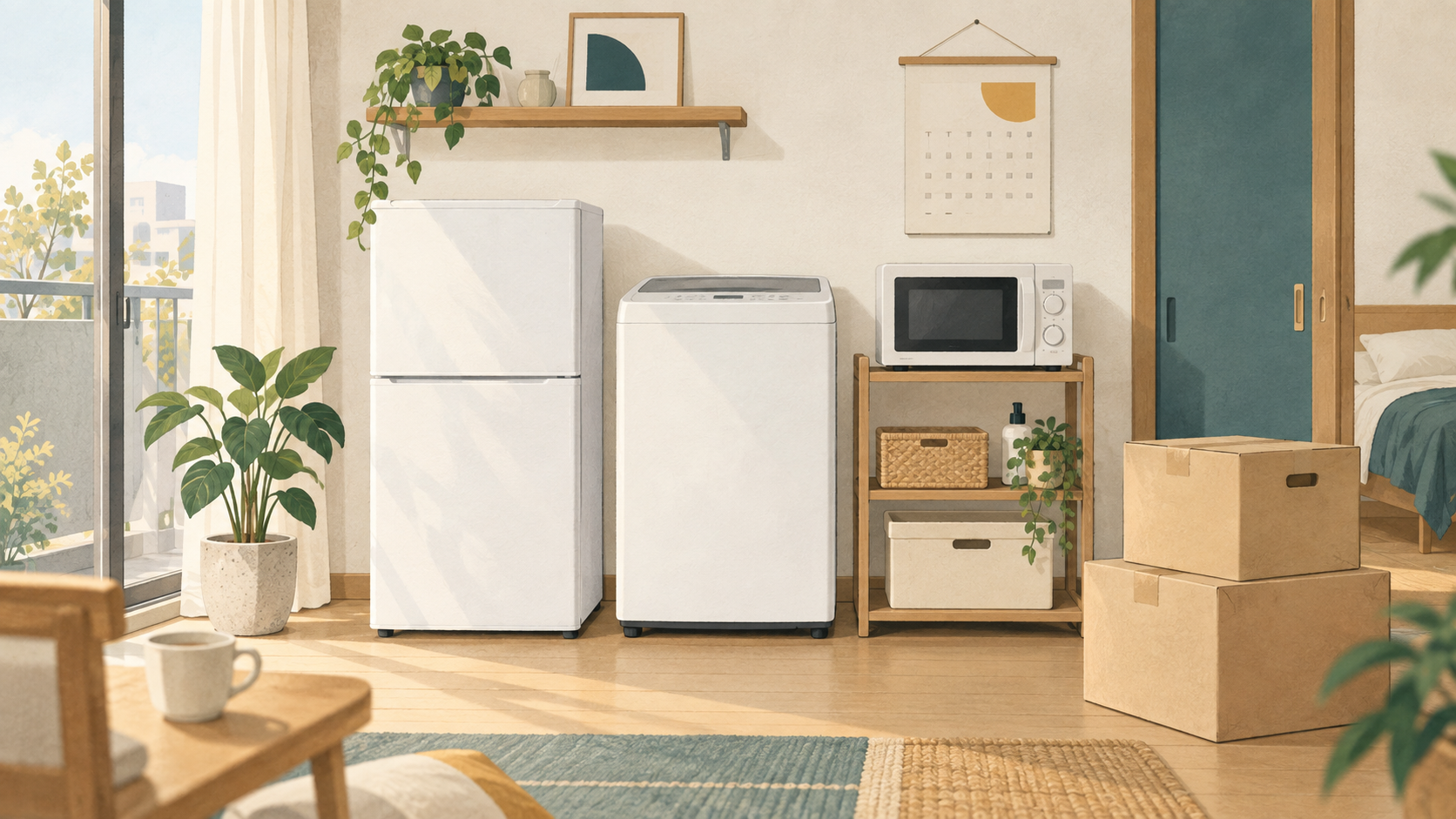 冷蔵庫、洗濯機、電子レンジと引っ越し用の箱を描いた挿絵